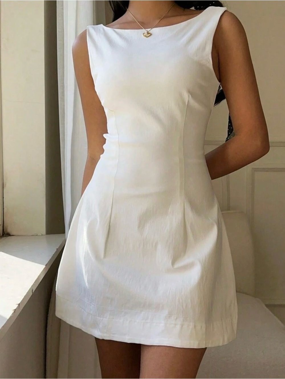 Shein white high neck open back bridal summer short romper jumper dress size L